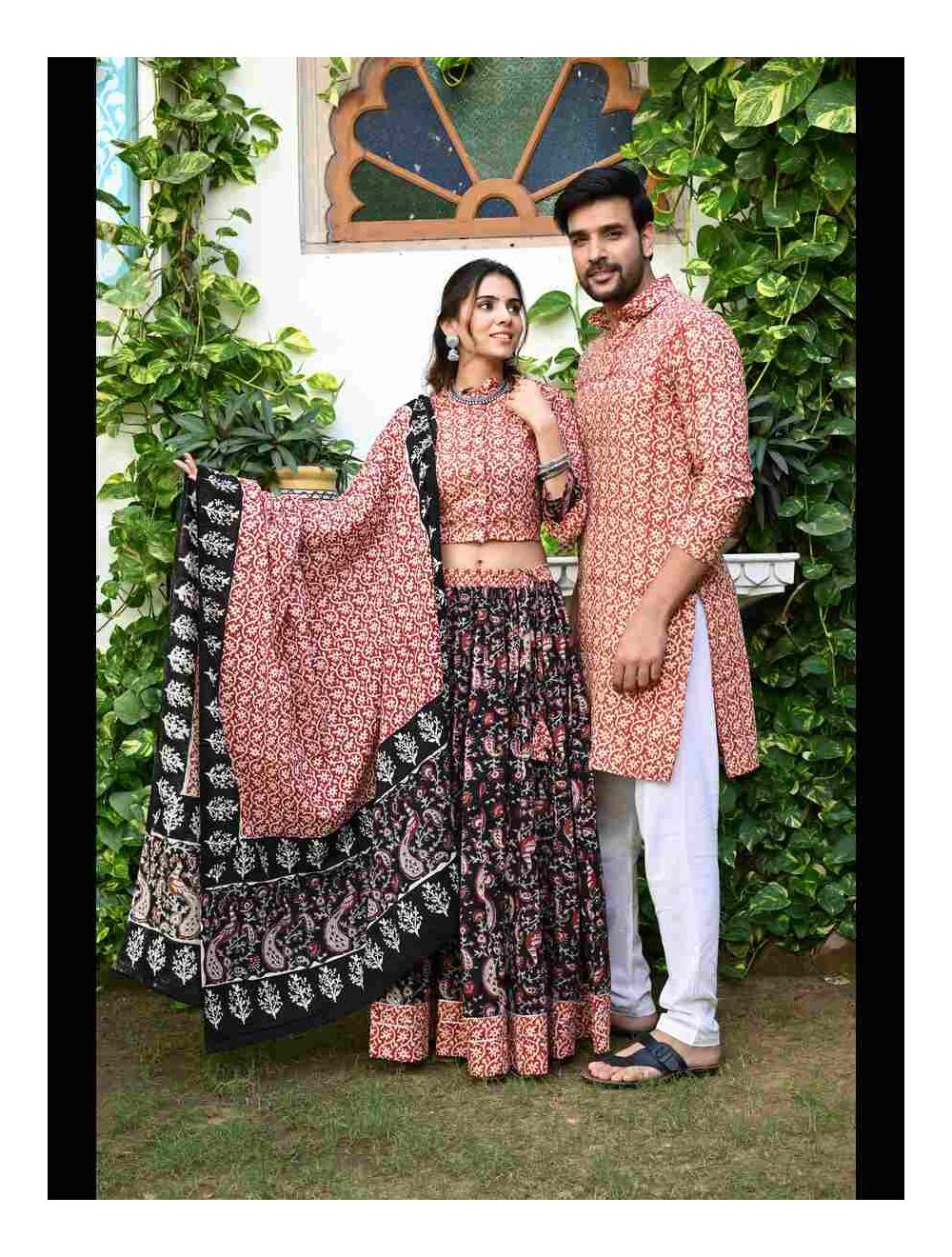 Buy a Peach Lehenga and Kurta Matching Dress For Couple Online