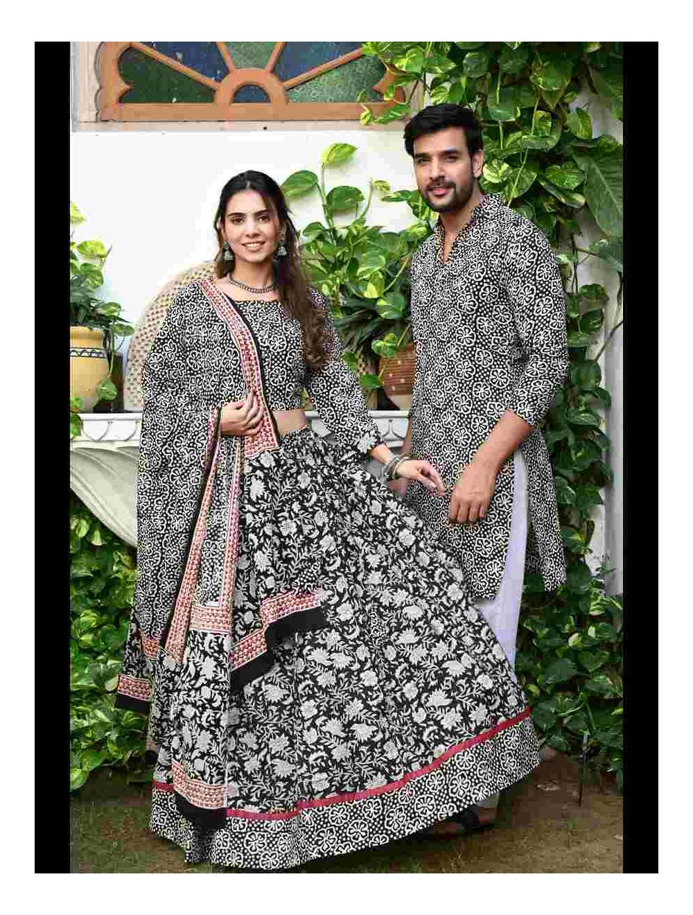 Buy a Black Bagru Printed Lehenga and Kurta Matching Couple Combo Dresses Online