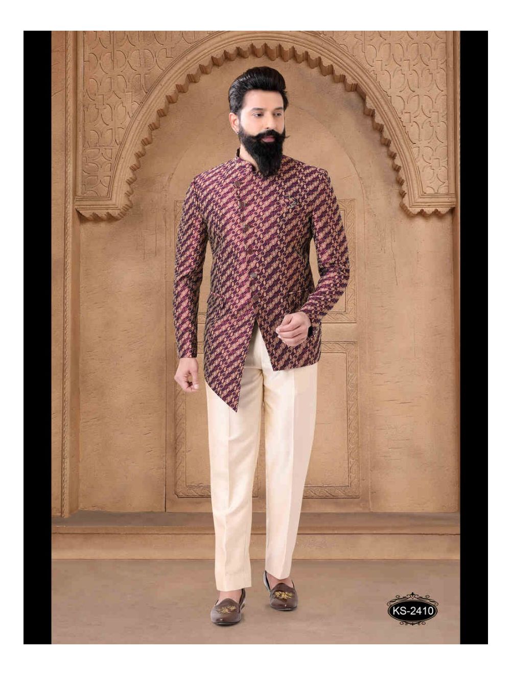 Reddish Orange Jacquard Jodhpuri Suit Online at Best Price Rutbaa