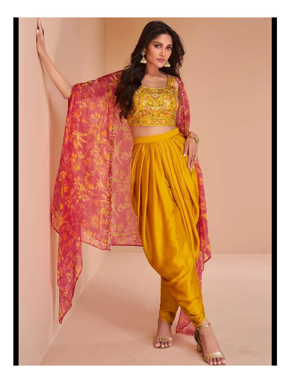 Yellow dhoti style dress with crop top