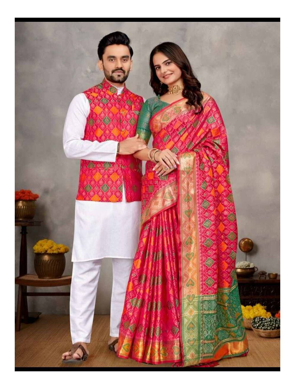 Jacquard Couple Combo Set Saree and Kurta Pajama With Jacket