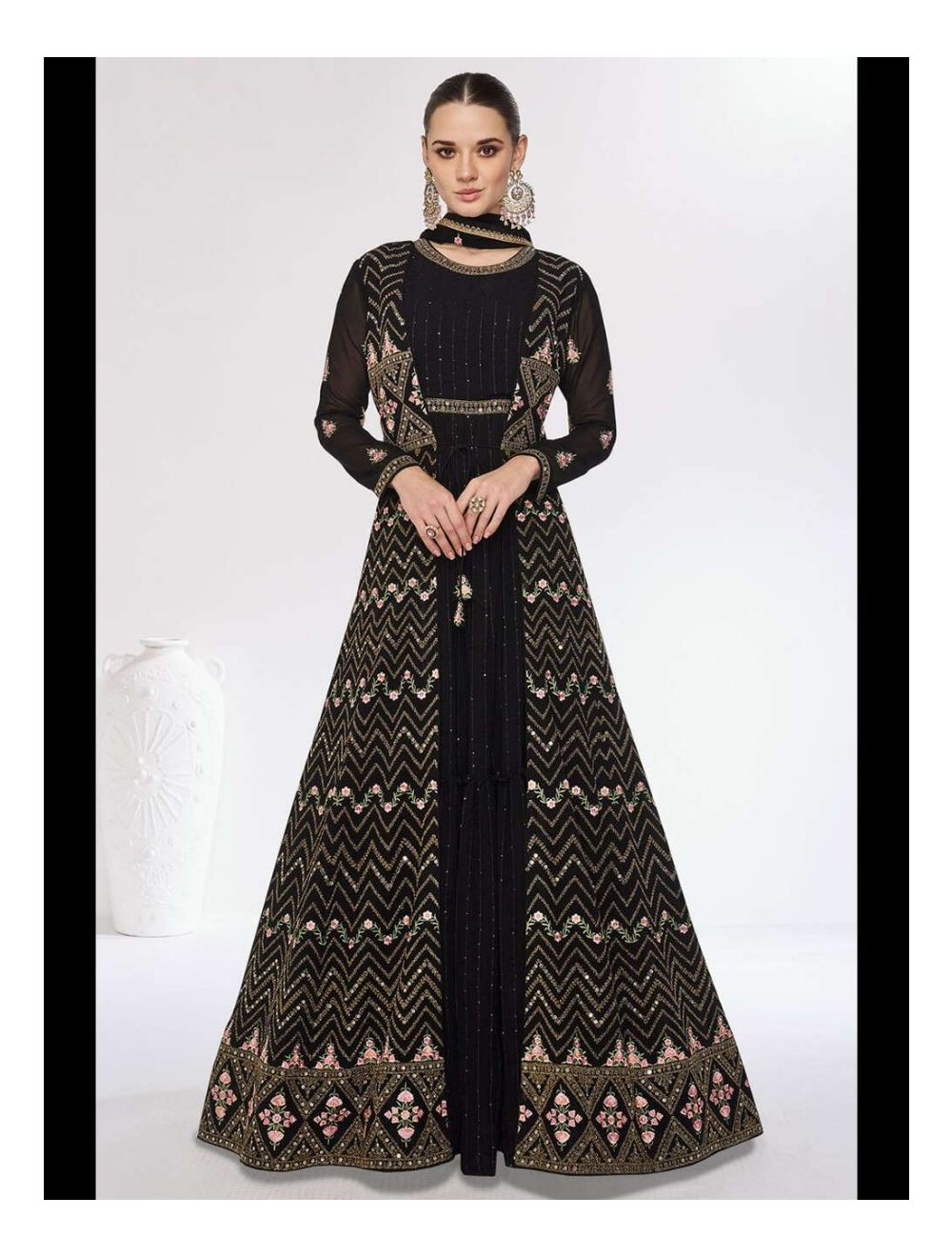 Black Embroidered Front Slit Indo Western Gown