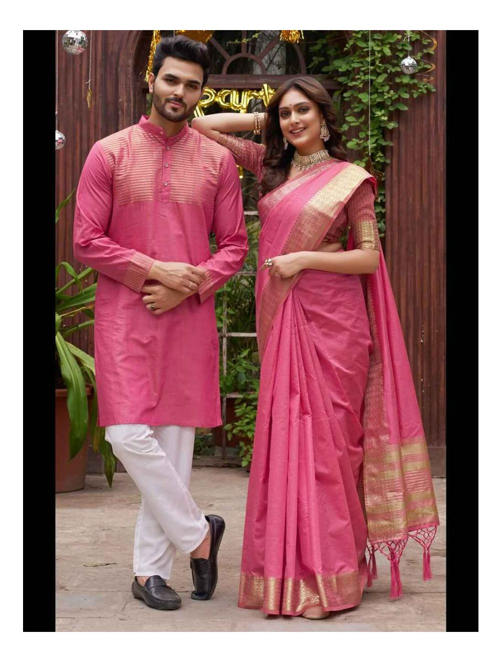 Pink Silk Kurta and Saree Combo for Happy Couple