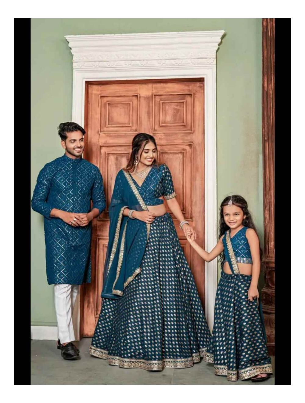 Teal Heavy Georgette Family Matching Combo Set Online