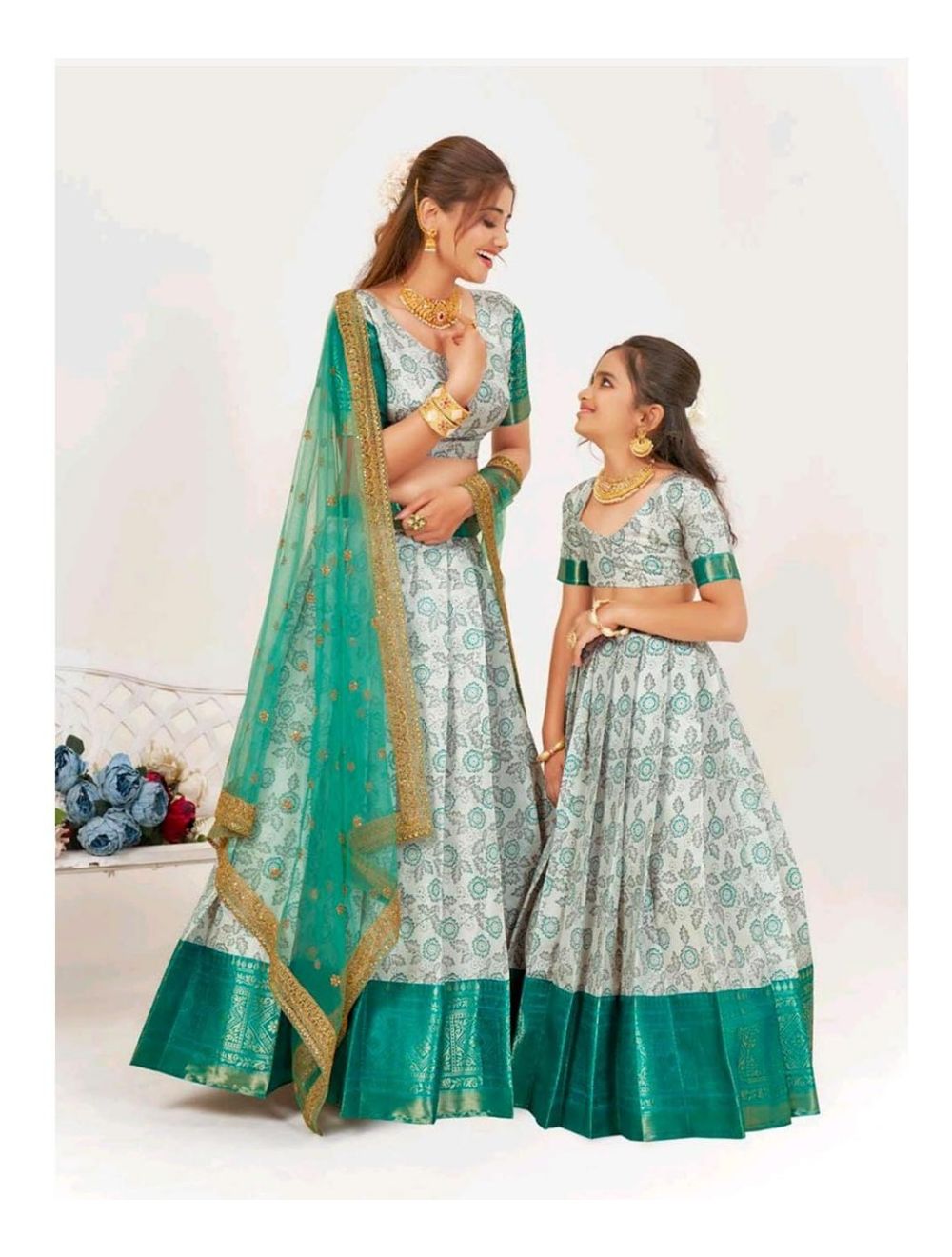 Sparkling Sequins Top and Blue Net Lehenga Mom and Daughter Matching S