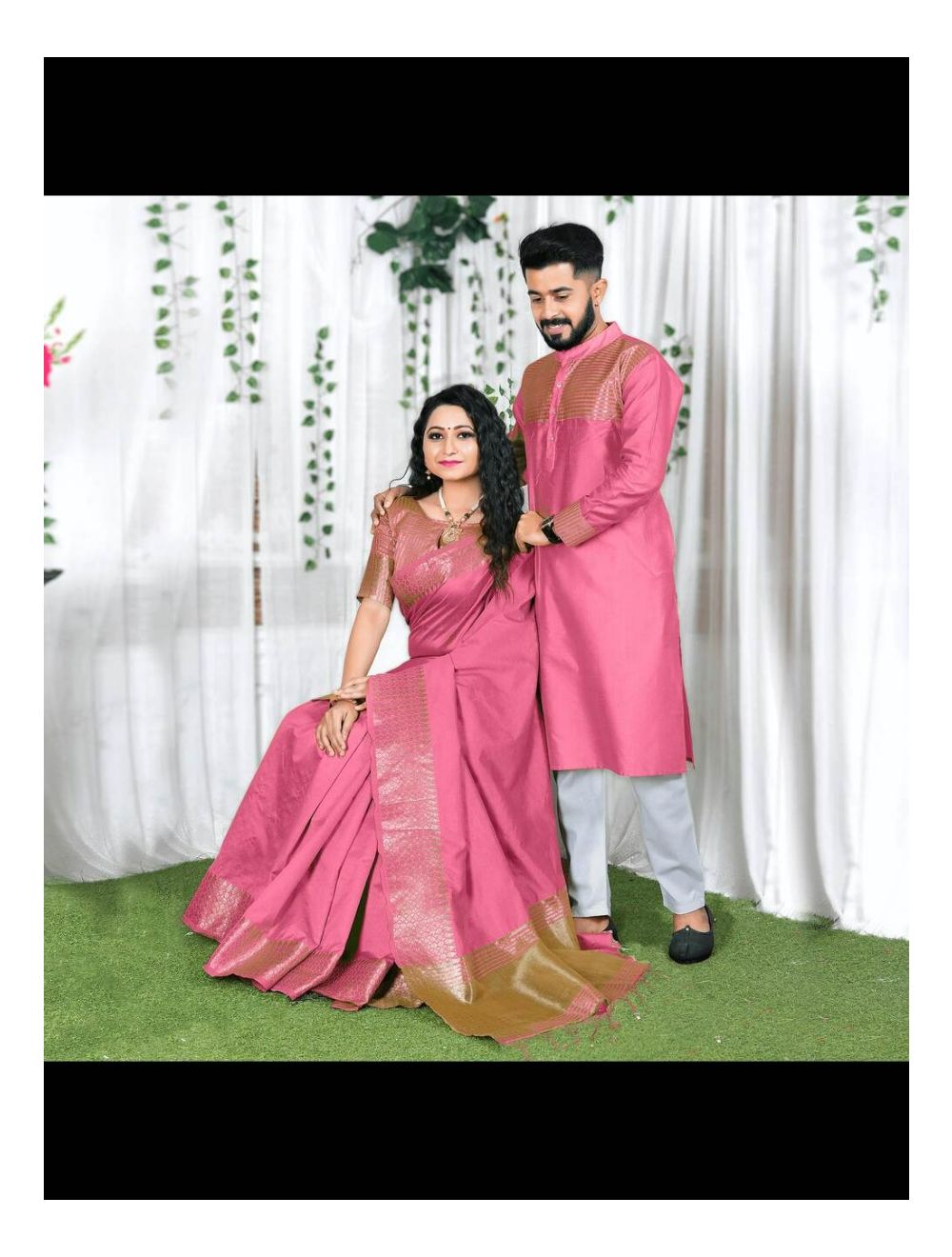 Lovely Pink Couple Dress Silk Saree Kurta