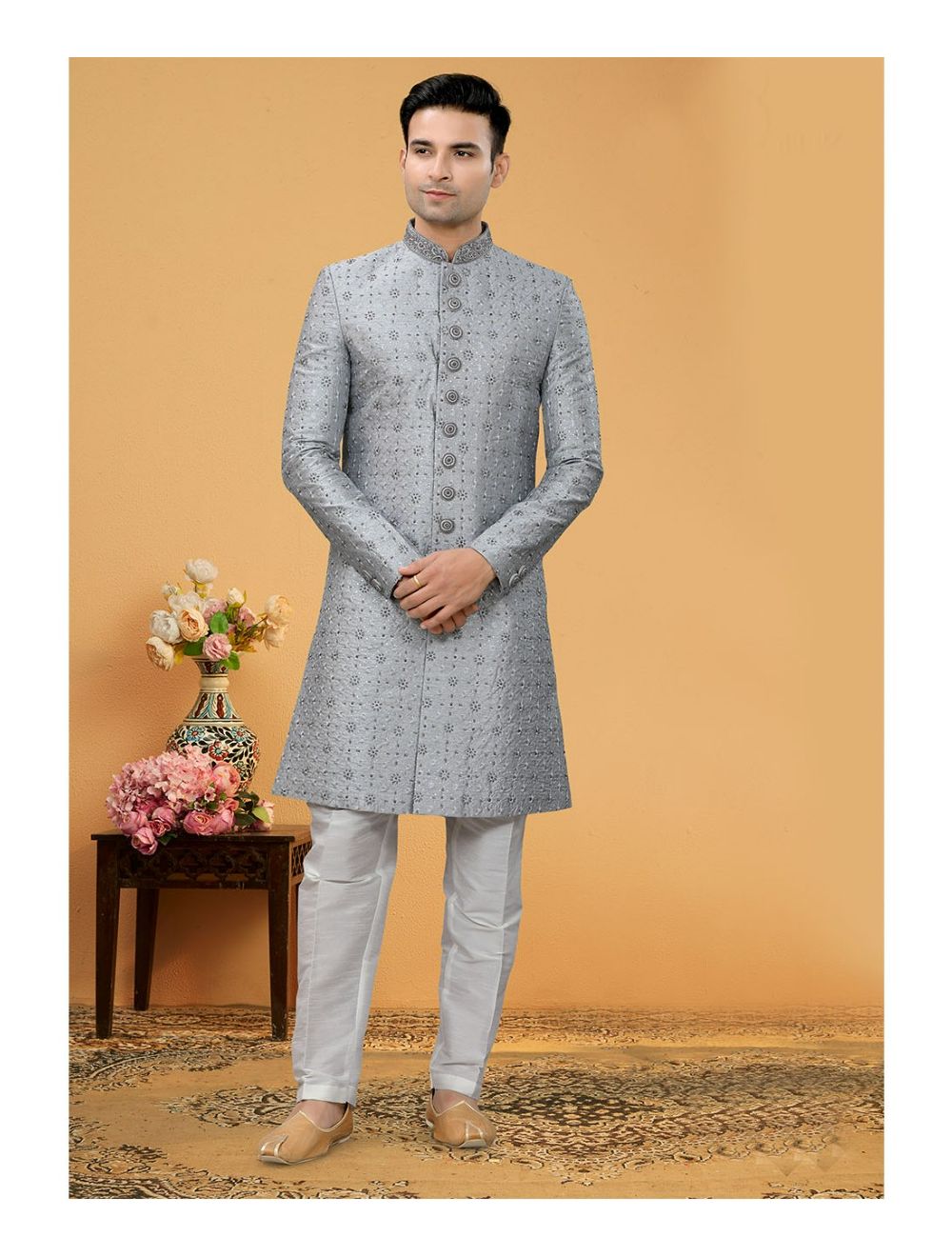 Silver Art Silk Indo Western Sherwani