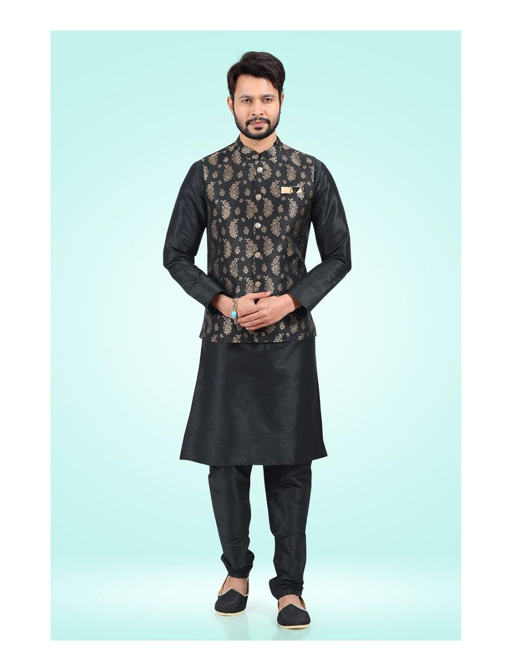 SOJANYA Sherwanis : Buy SOJANYA Silk Blend Black Kurta And Churidar Pyjama  & Black Sherwani Jacket (Set of 3) Online | Nykaa Fashion.