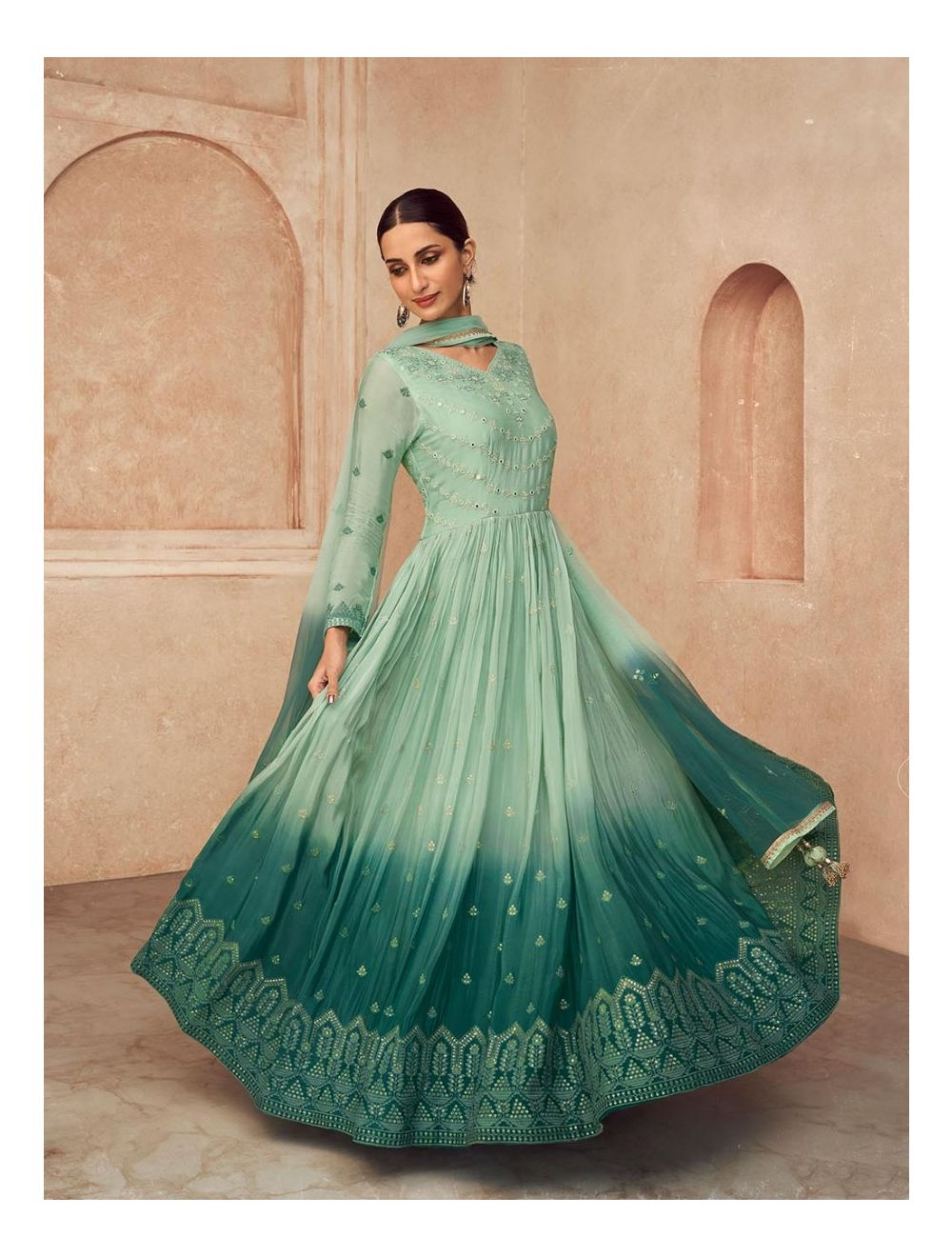 Bottle Green Heavy Embroidered Gown Style Anarkali Suit