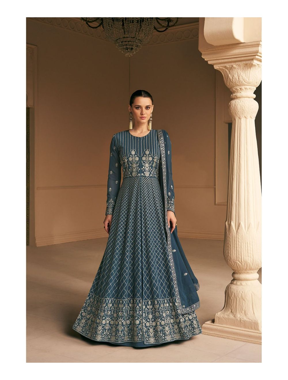 Grey Net Ankle Length Anarkali Suit