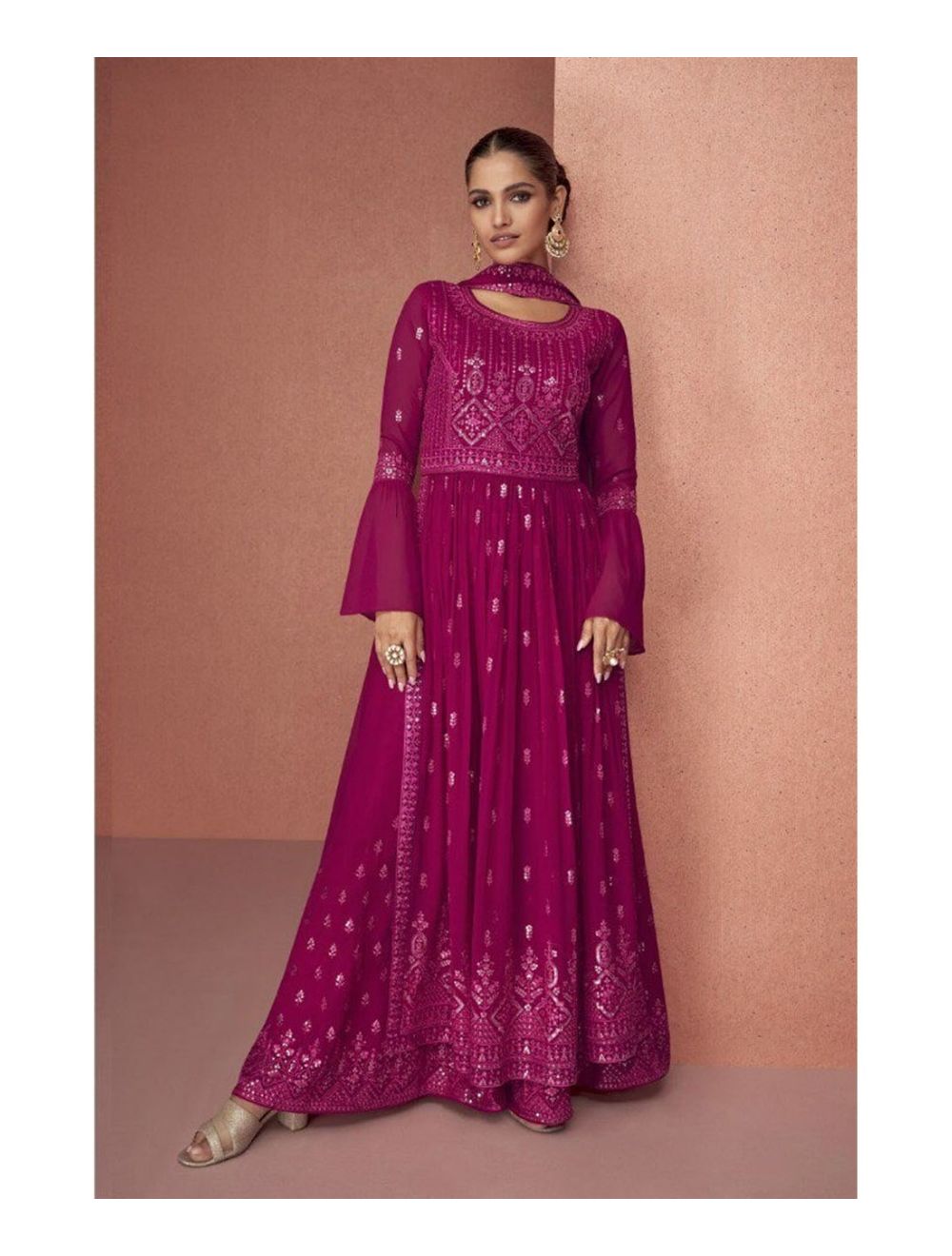 Fashionable Grape Wine Anarkali Dress Set for Women