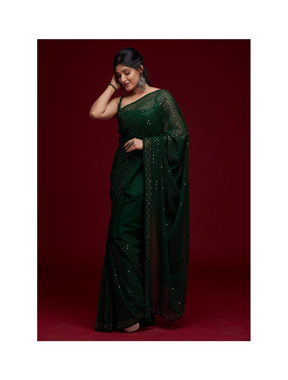 Green ready-made full sequins saree - Dress me Royal