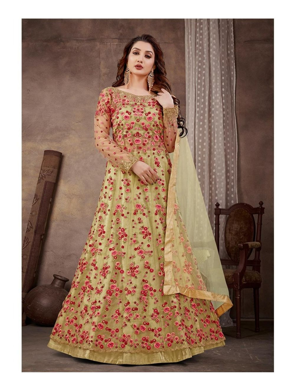 Beige Golden Designer Anarkali Style Gown - Indian Heavy Anarkali Lehenga  Gowns Sharara Sarees Pakistani Dresses in USA/UK/Canada/UAE - IndiaBoulevard
