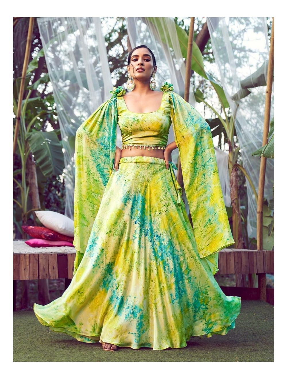 Shop Green & Yellow Floral Printed Lehenga Choli With Tie & Dye Dupatta Set  Online in UK | Fabdia.com