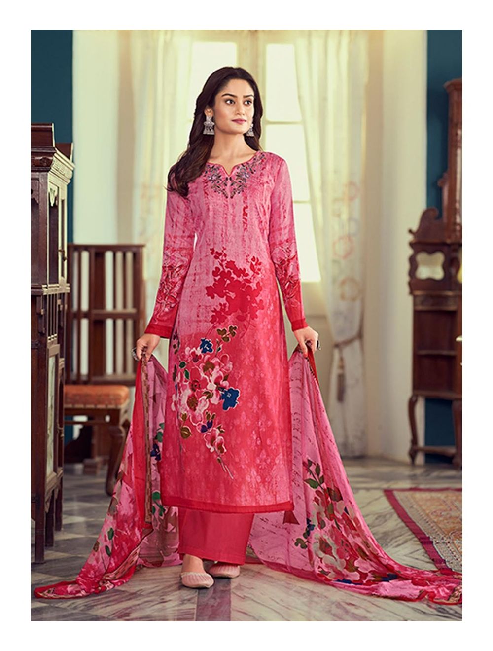 Pink Party Wear Floral Embroidery With Digital Printed Jam Satin Suit