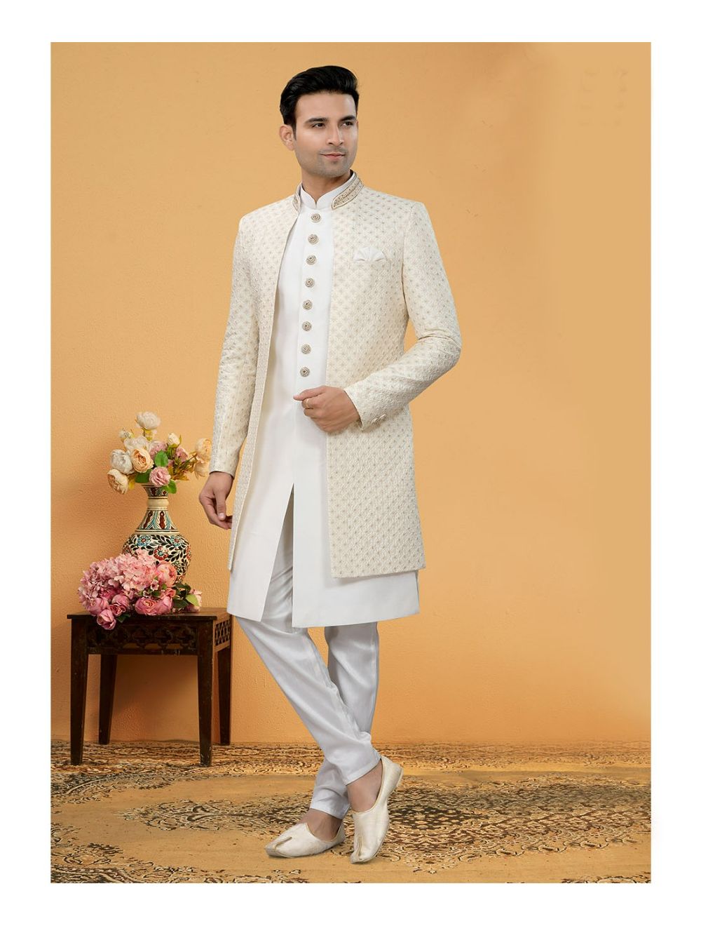 Cream Indo Western Sherwani Online at Best Price Rutbaa