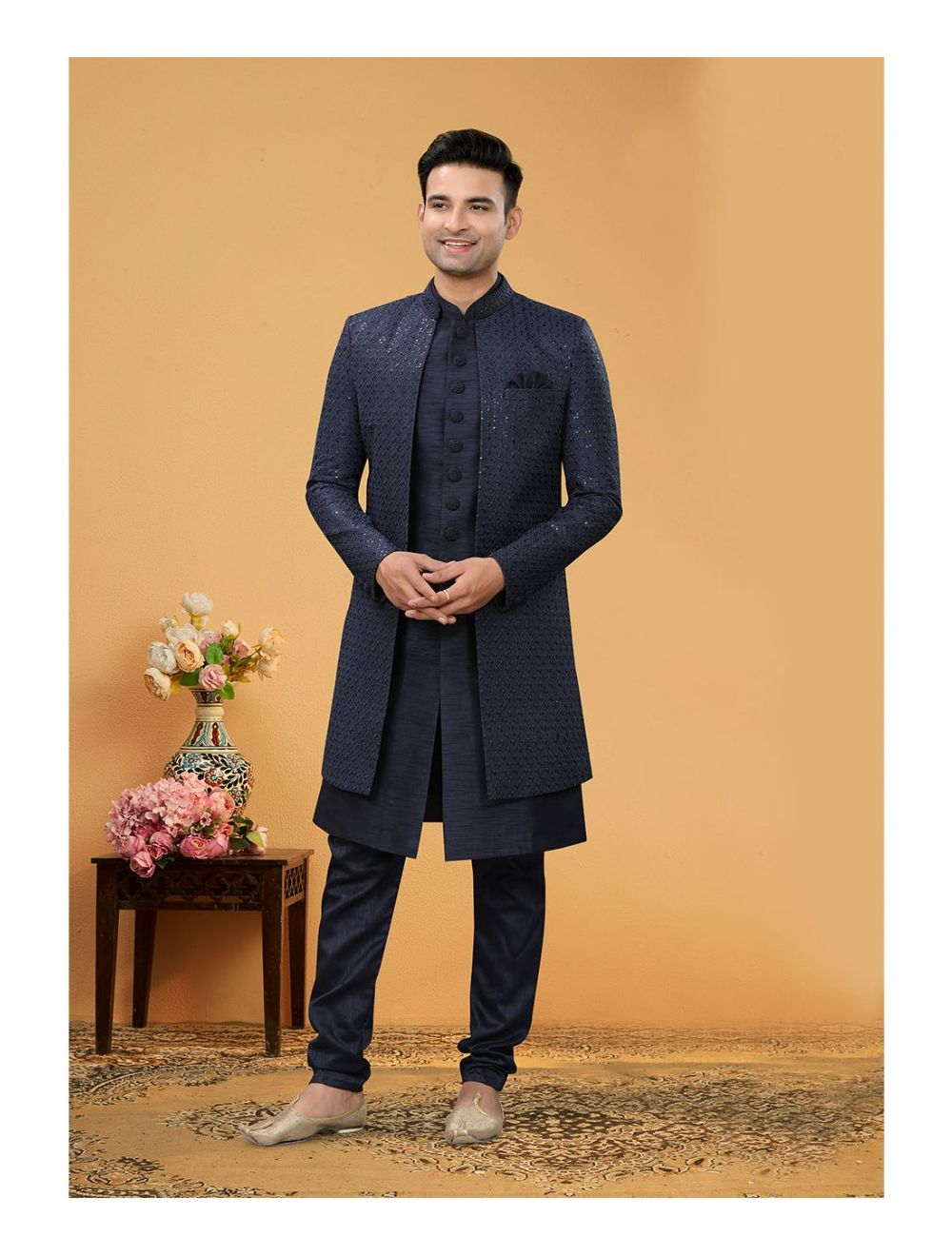 Navy Blue Art Silk Indo Western Sherwani