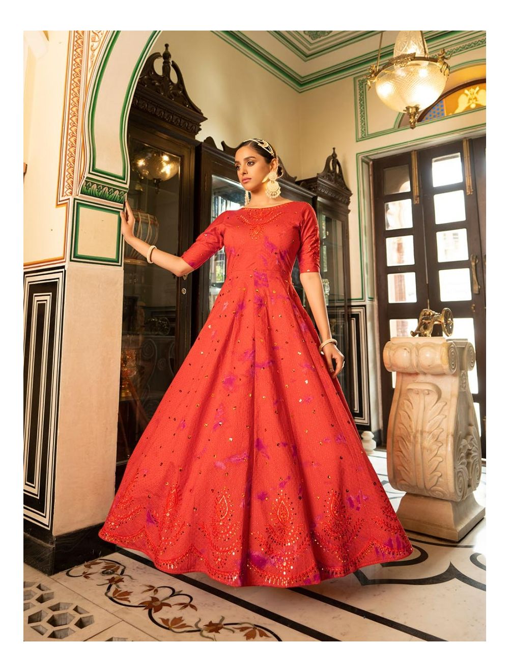 Immaculate Cotton Orange Embroidered Gown