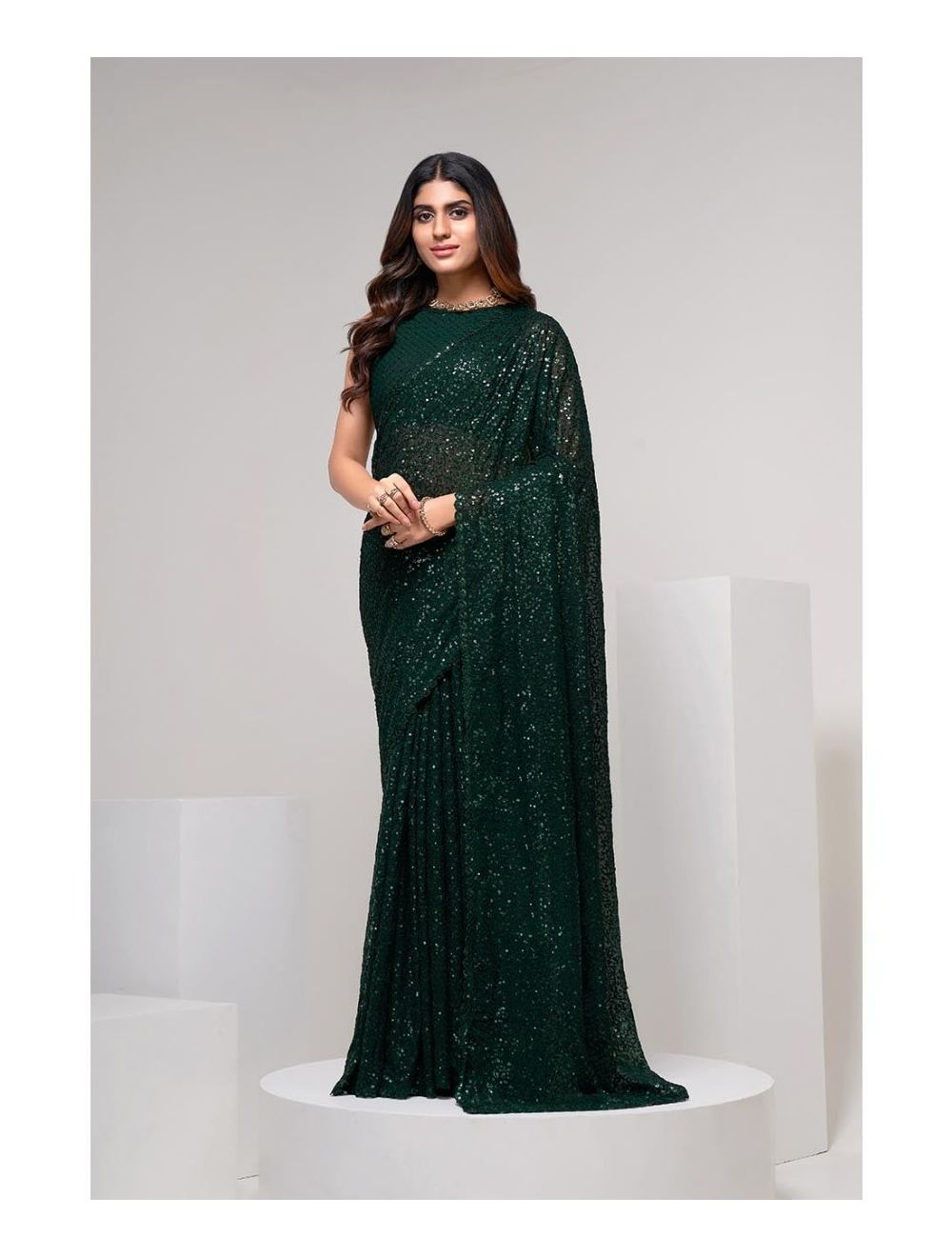 Buy Dark Green Georgette Sequins Saree Party Wear Online at Best Price |  Cbazaar