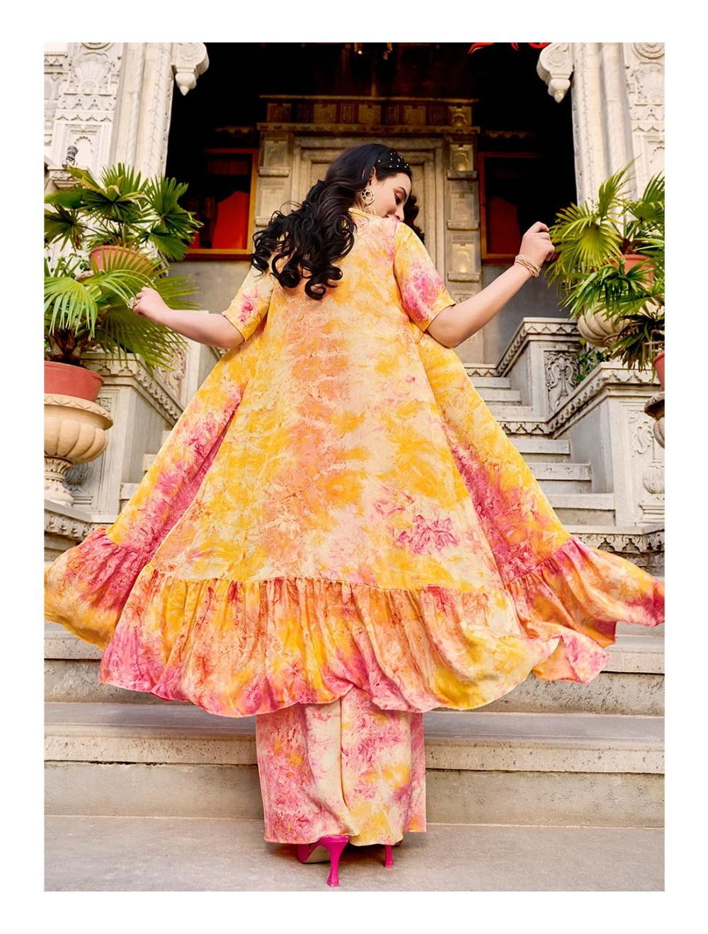 Buy a Yellow palazzo with crop top and jacket On Rutbaa