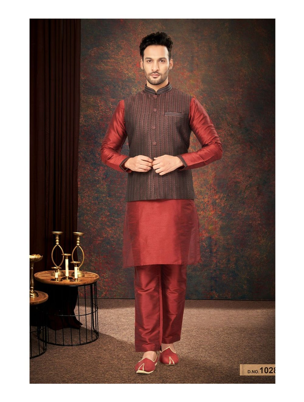 Maroon BlackBerry Jacquard Modi Jacket 3 Pcs Set
