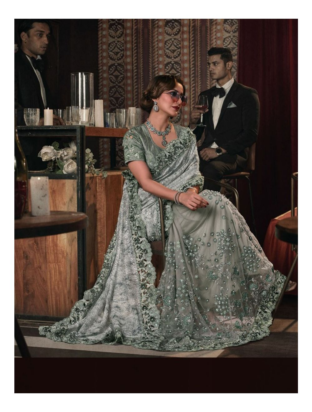 Buy a Grey Imported Sequins Digital Net Saree Online