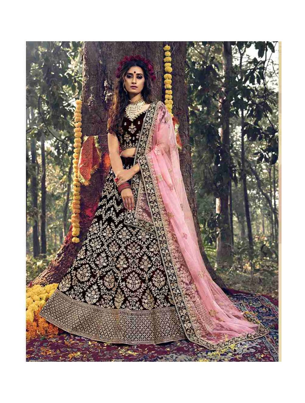 Indian Ethnic Dark maroon Velvet Bridal Lehenga Choli UK - lc2861
