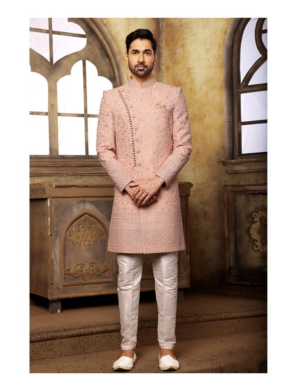 Golden Woven Indo Western Sherwani With Trouser 421MW10
