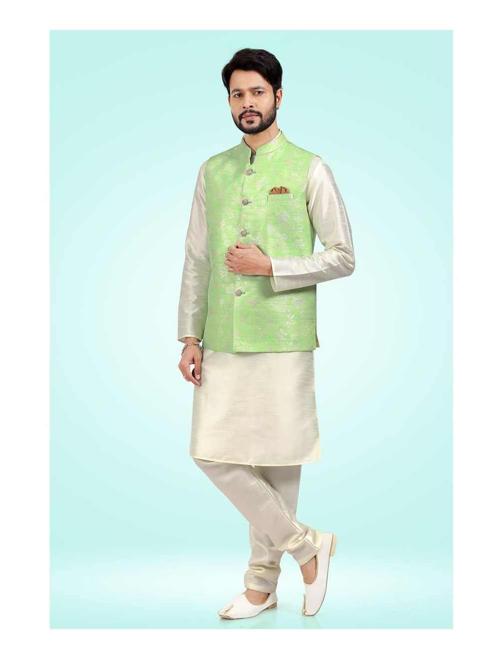 Pista Green Banarasi Silk Jacket with Kurta And Pajama for men online India Color  Green SizeKurta 40 Combination Options Kurta + Bottom + Jacket