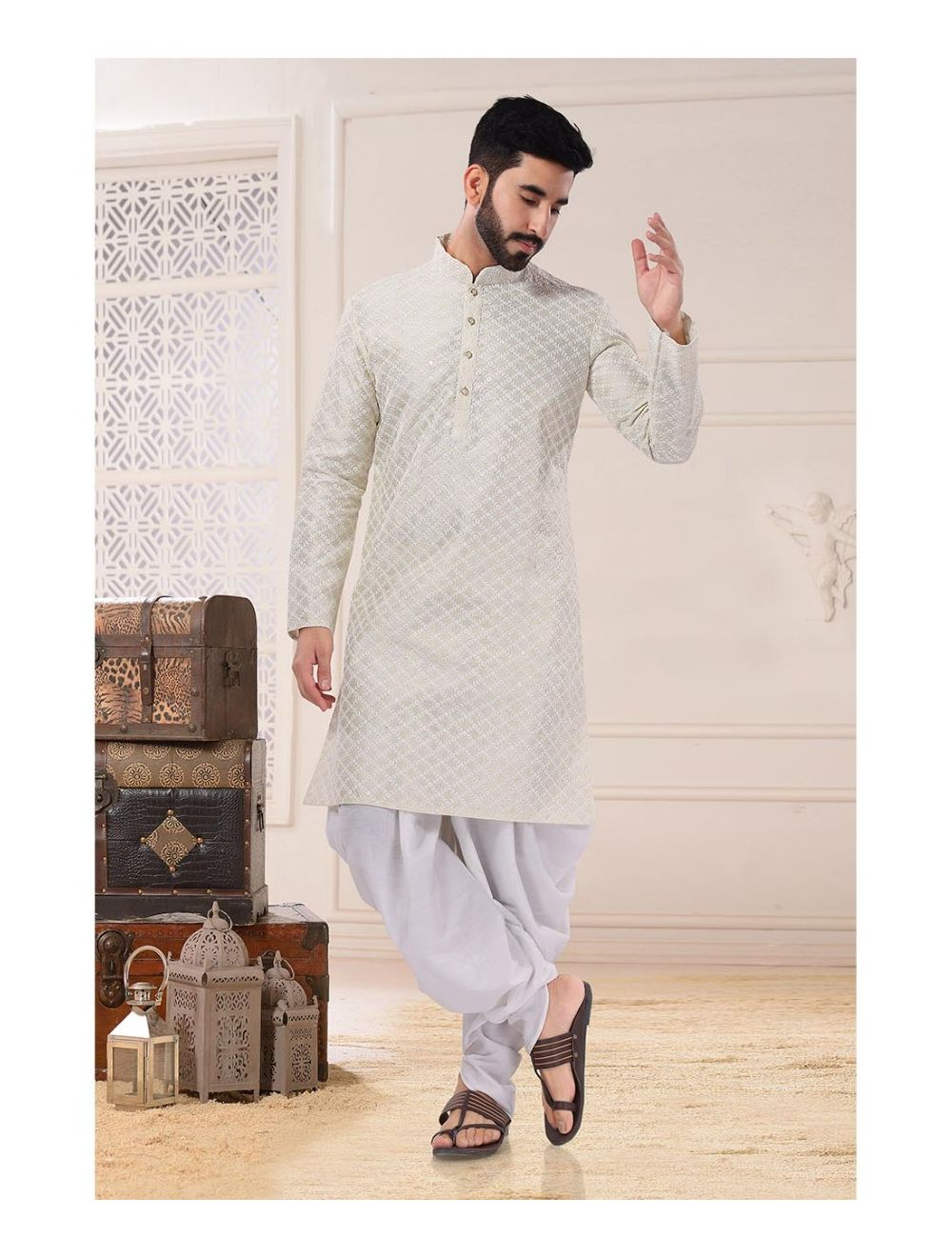 Kurta Pyjama Online Buy Cream Kurta Set With Peshawari