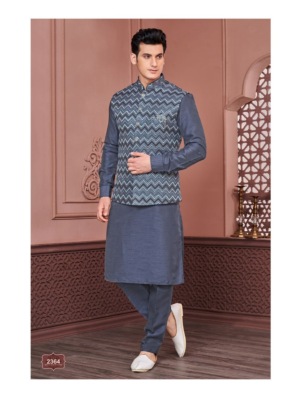 Buy Manyavar Grey Art Silk Mandarin Collar Kurta Jacket Pyjama Online