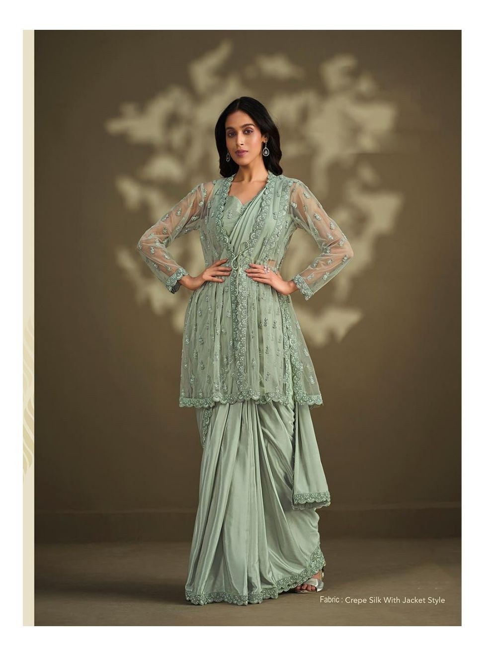 Buy WISHFUL by W Green Solid Pre-drape Saree And Tailored Jacket (Set of 2)  online
