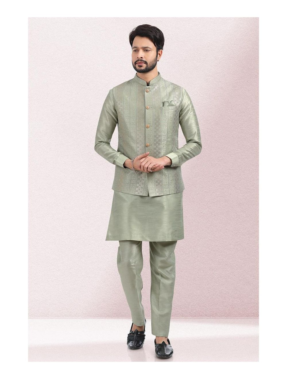 Lime Green Linen Nehru Jacket with Pastel Yellow Kurta & White Bottom –  archerslounge