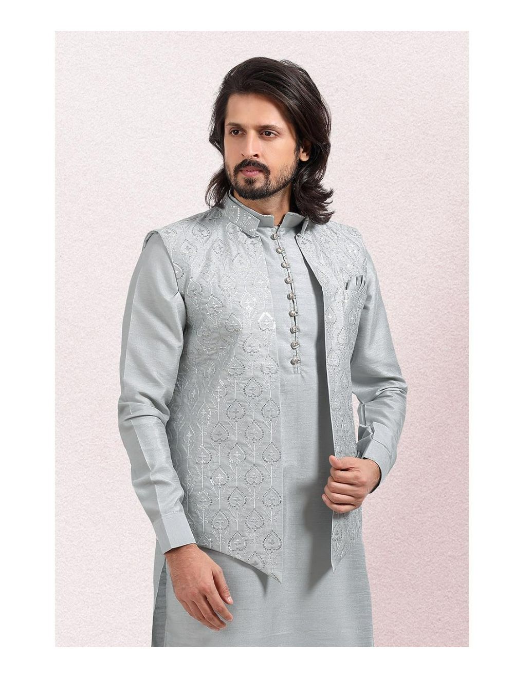 Kurta Pajama Online Buy Gray Kurta Pajama 3 Pcs Jacket Set