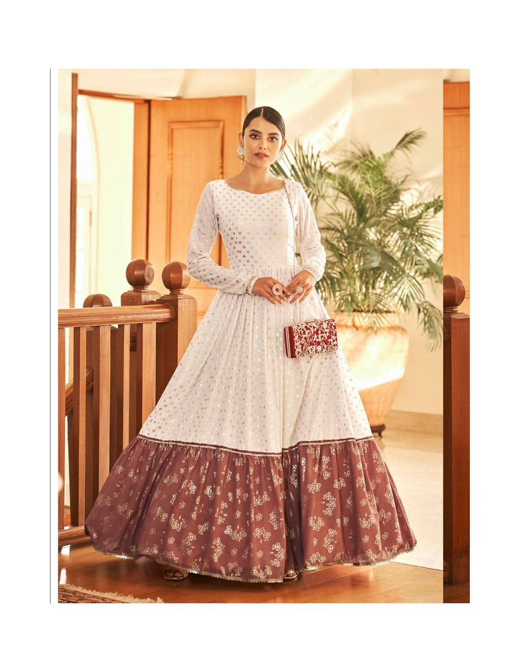 Buy Off white anarkali suit in georgette with lucknowi thread and sequins  embroidered geometric kali design.