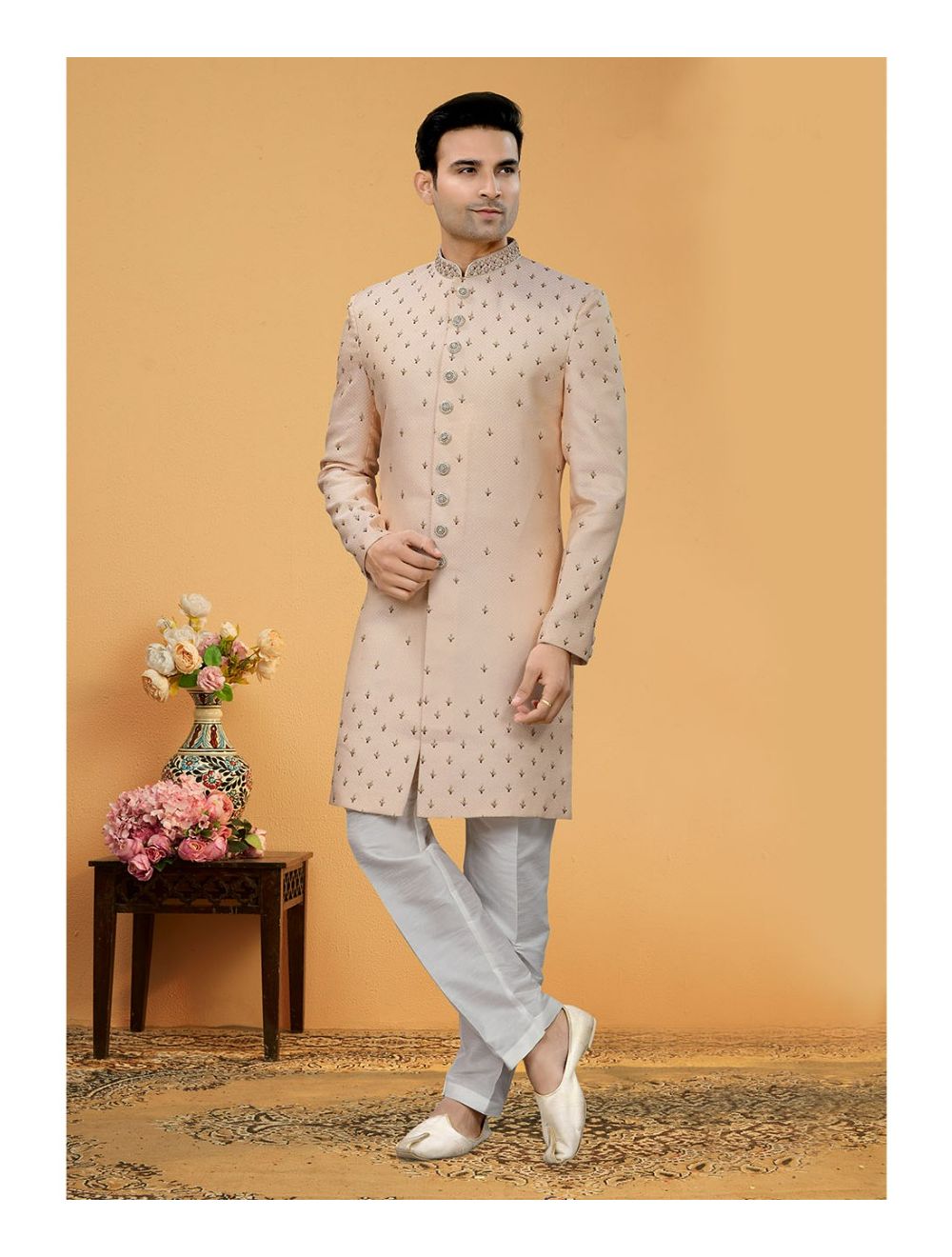 Men's Peach Nawabi Indo Western Sherwani With Art Silk Pant