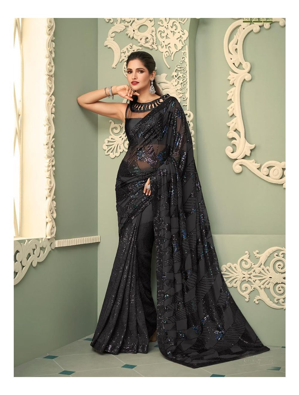 Sequin Sarees : Black,Gold,Red Color Sequin Work Sari Online