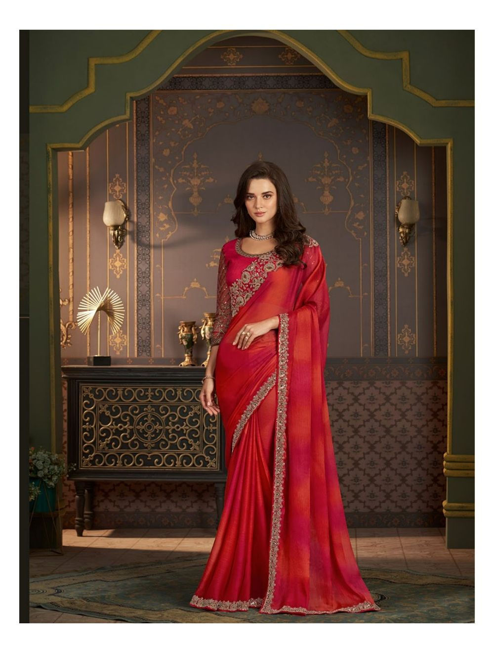 Red Shaded Silver Chiffon Saree Online at Best Price Rutbaa