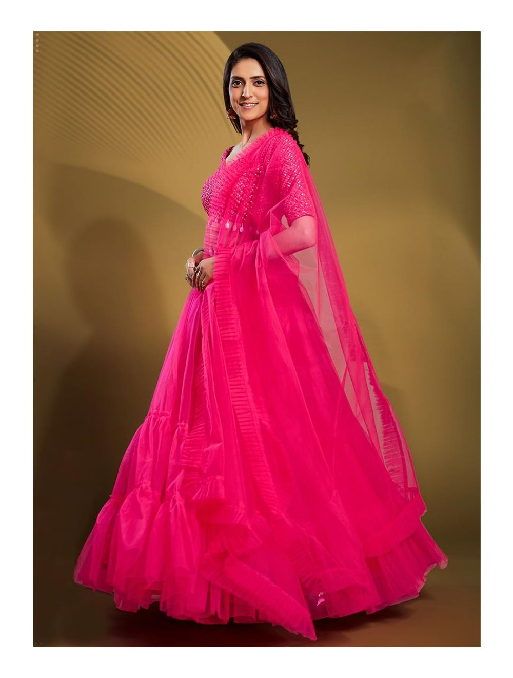 Dark pink Net Party Wear Lehenga Choli - LC3199