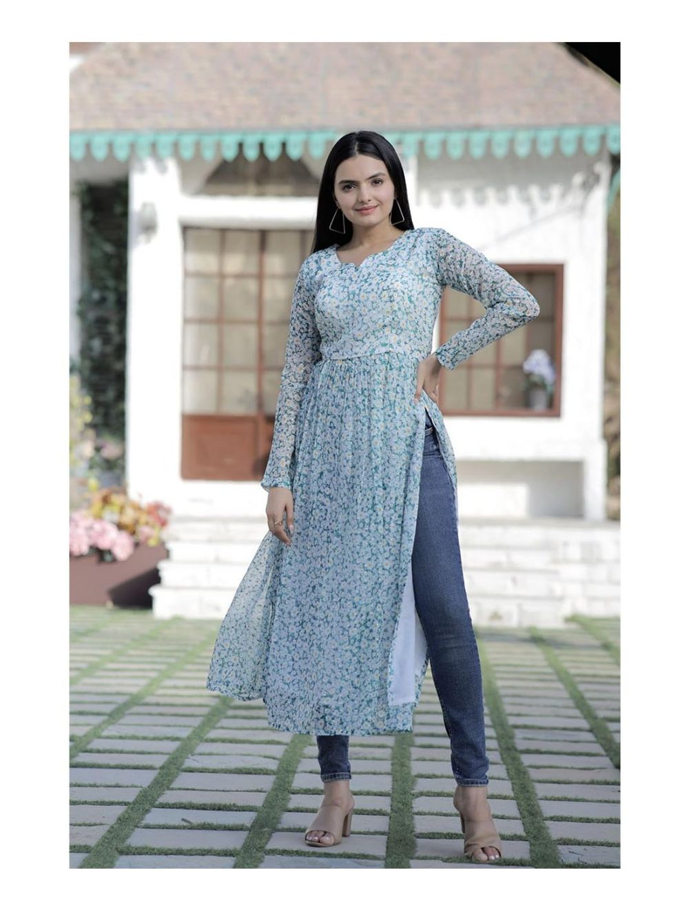 Designer Nayra cut Blue kurti with embroidery work – MireyaFashion