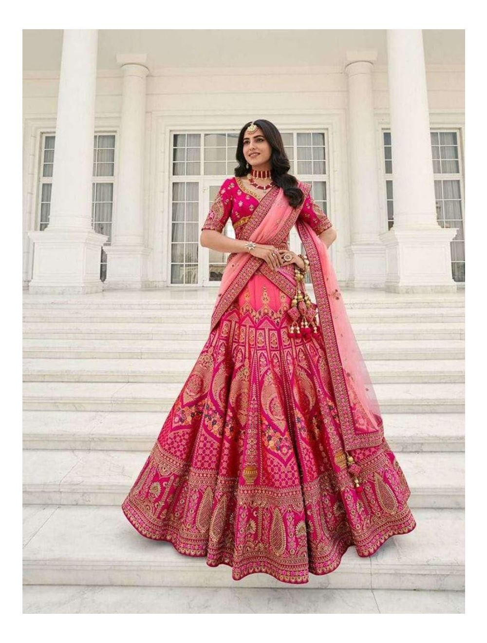 Red sequin and bead work bridal Lehenga with two dupattas – Ricco India
