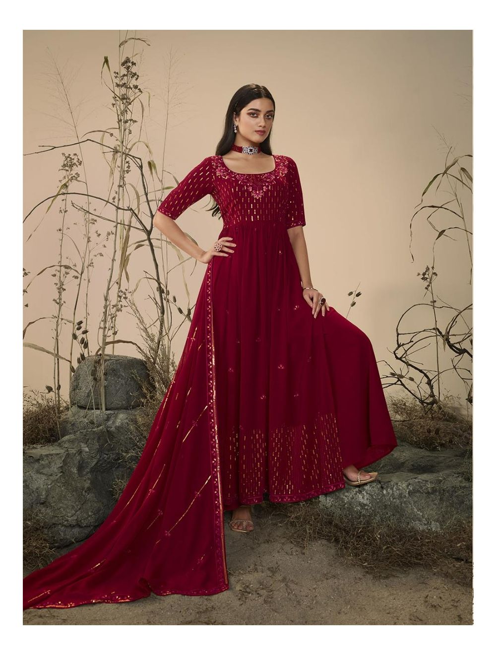 Hand Embroidered Net Anarkali Suit in Red : KBX19