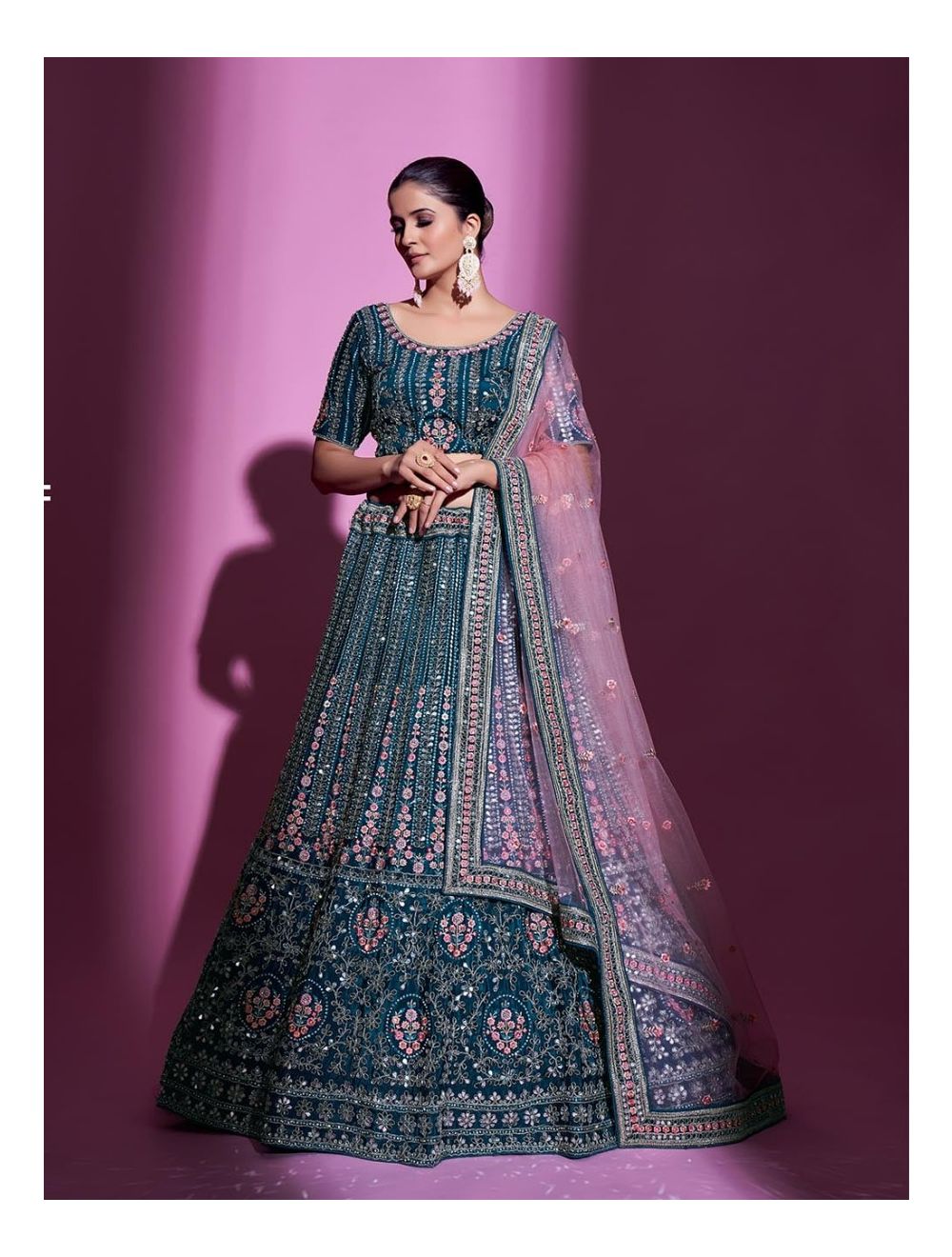 Shop online Buy Pleasing Blue and Pink Patch Border Work Net Designer A  Line Lehenga Choli Online : Indian Ethnic Wear