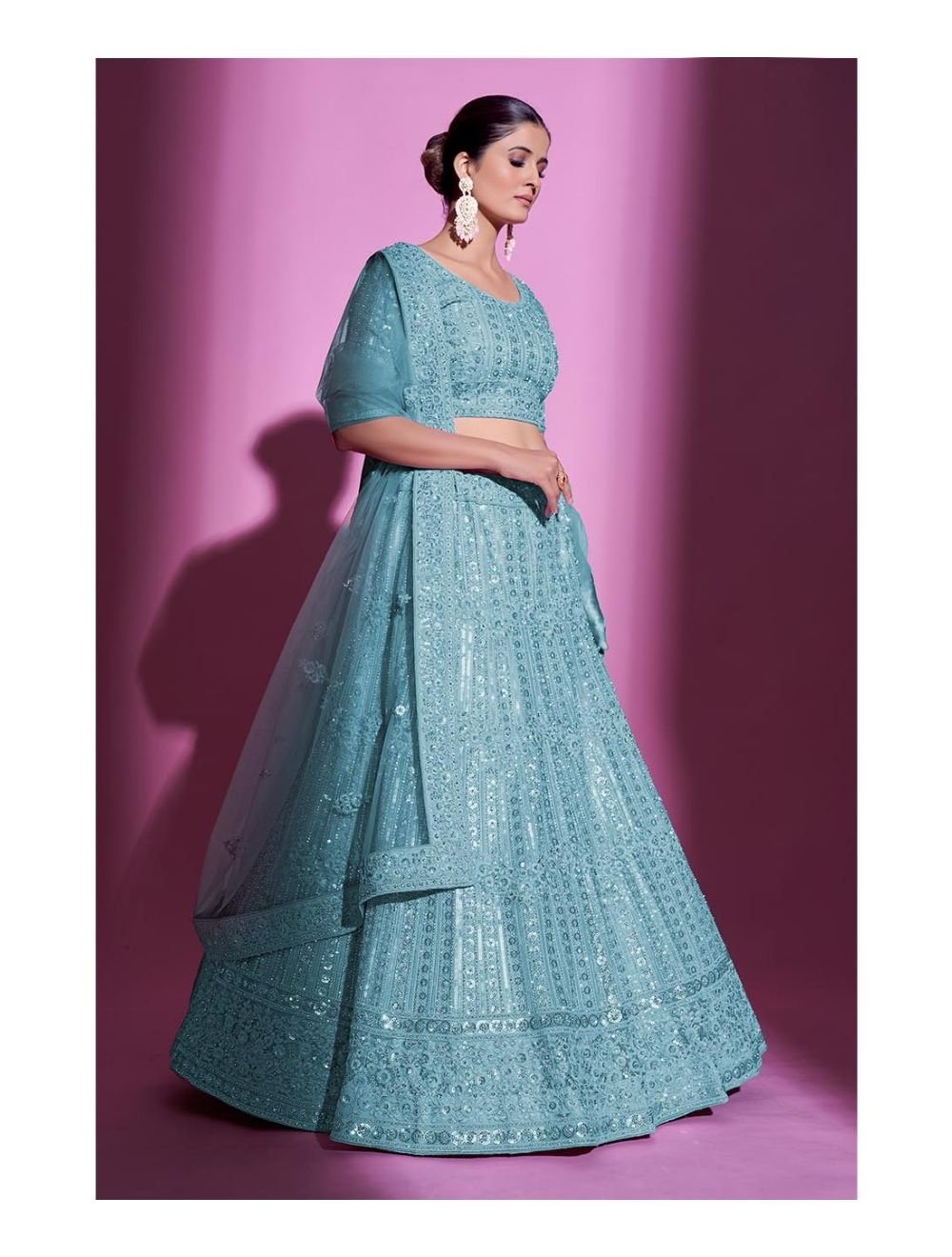 indian wedding lehenga Online Buy Firozi Soft Net Wedding Lehenga