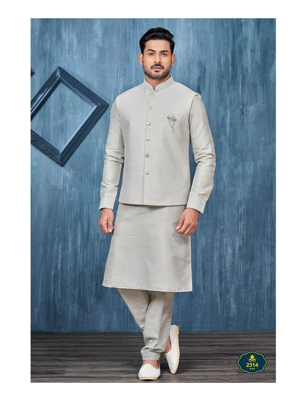 Grey Readymade Mens Kurta Pajama With Jodhpuri Jacket In Art Silk 1089MW08