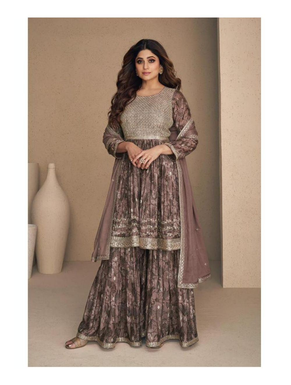 Buy Stylish Purple High Low Top and Sharara Suit Set for Women