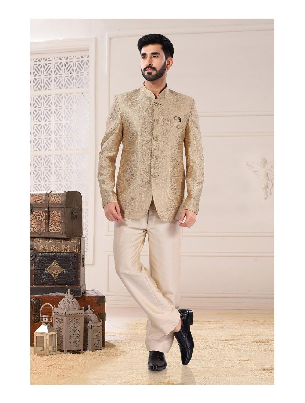 Red embroidered jodhpuri jacket with trouser- RENT