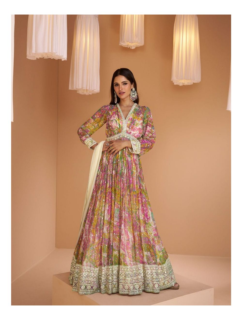 Buy Party Wear Beige Digital Printed Dola Silk Gown With Dupatta Online  From Surat Wholesale Shop.