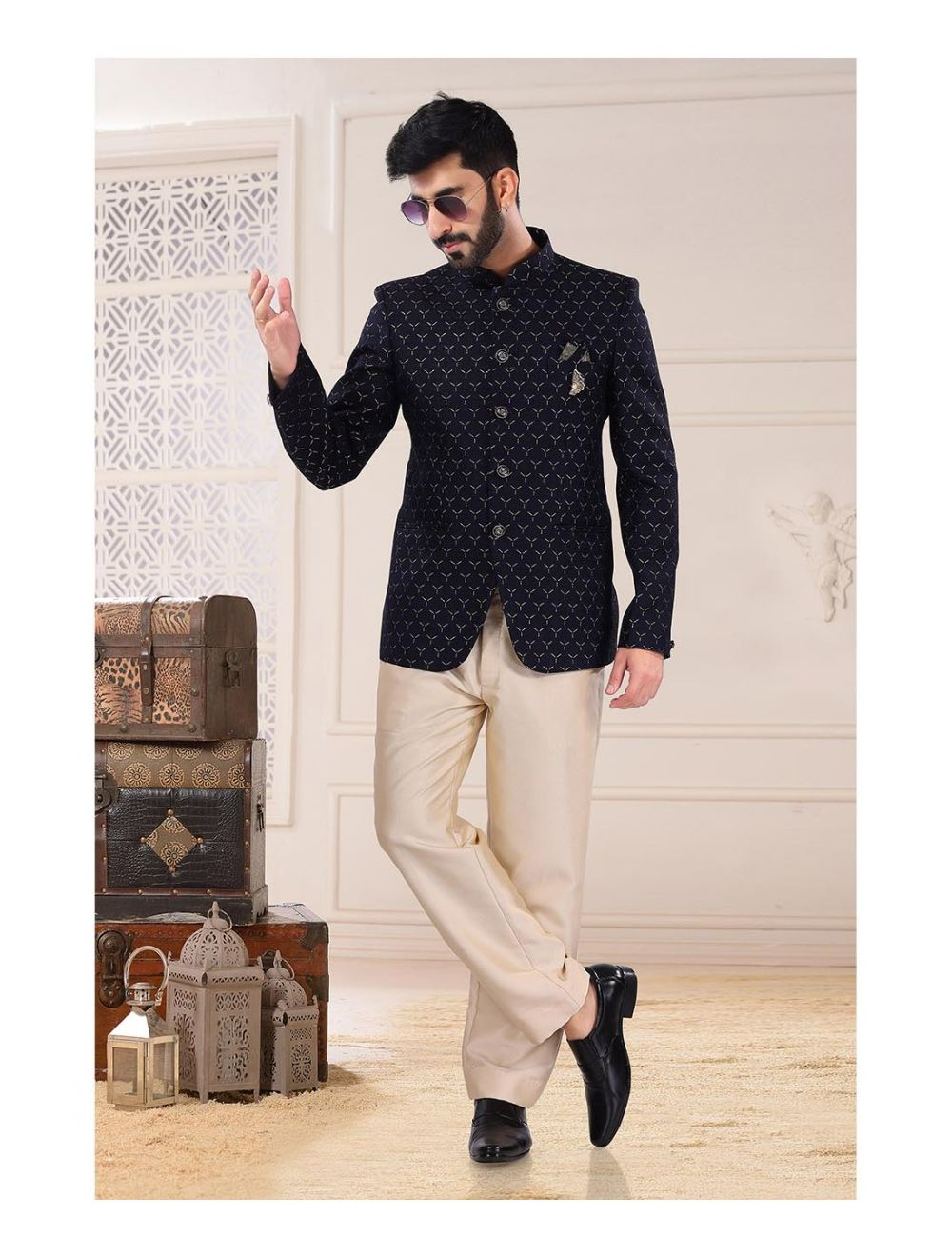 Printed Velvet Asymmetric Jodhpuri Suit in Navy Blue  MHG1481