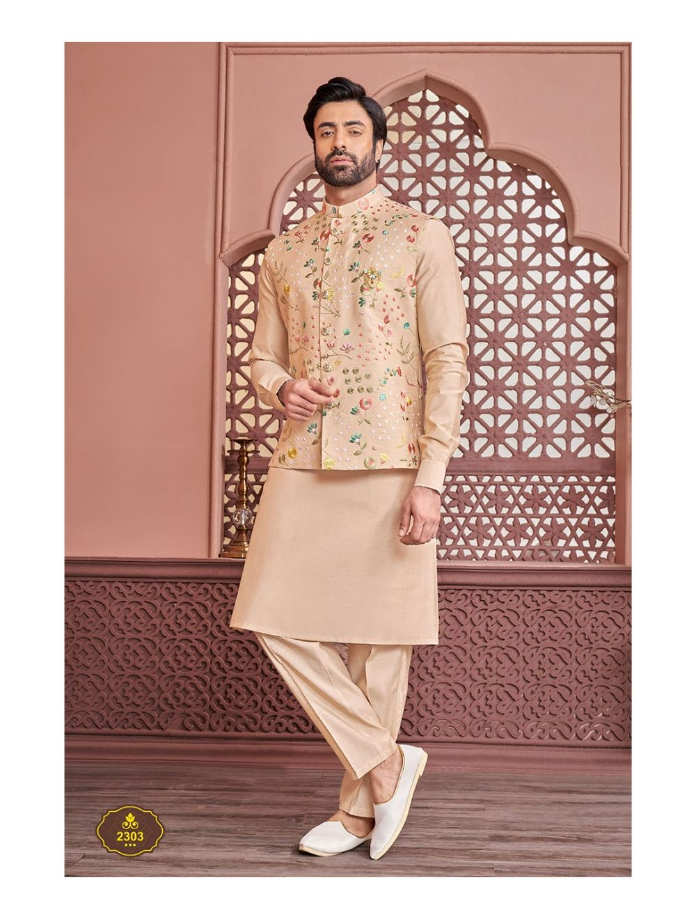 Light Fawn Multi Colour Kurta Pajama With Modi Jacket